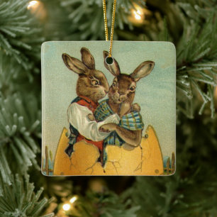 Vintage Victorian Easter Bunnies in a Gold Egg Ceramic Tree Decoration