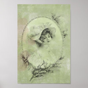 Vintage Victorian Elegant Lady In Green Pearl Lace Poster