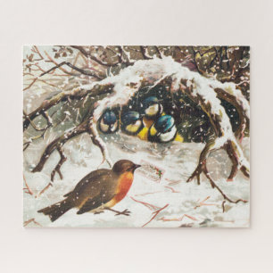 Vintage Victorian era Christmas Card, Birds Jigsaw Puzzle