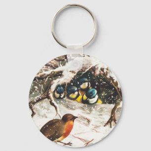Vintage Victorian era Christmas Card, Birds Key Ring