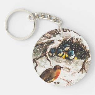 Vintage Victorian era Christmas Card, Birds Key Ring