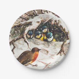 Vintage Victorian era Christmas Card, Birds Paper Plate