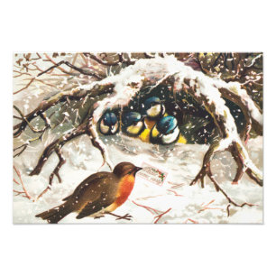 Vintage Victorian era Christmas Card, Birds Photo Print