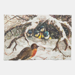 Vintage Victorian era Christmas Card, Birds Tea Towel