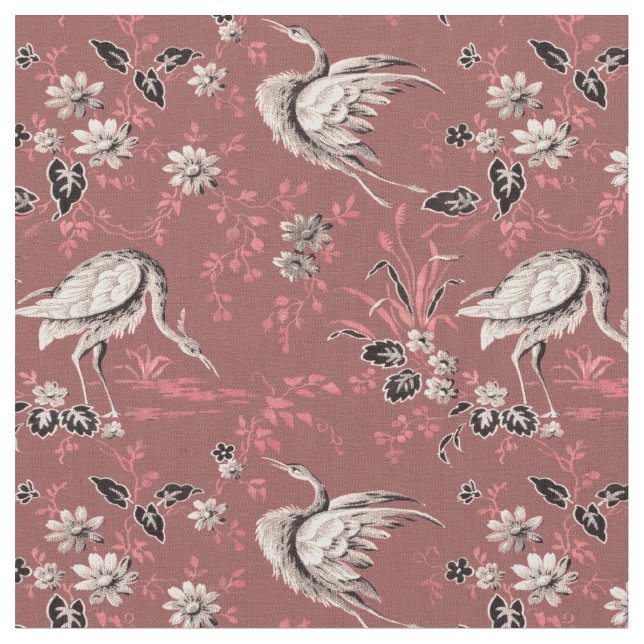 Vintage Victorian Era Herons & Flowers Pattern Fabric (Close Up)