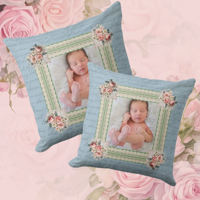 Vintage Victorian Faded Damask Photo  Cushion (Personalize with photo of your choice!)