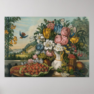Vintage Victorian Floral & Fruit Still Life Art Poster