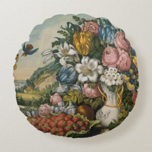 Vintage Victorian Floral & Fruit Still Life Art Round Cushion