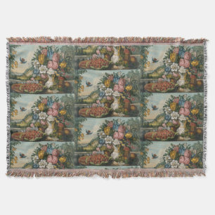 Vintage Victorian Floral & Fruit Still Life Art Throw Blanket