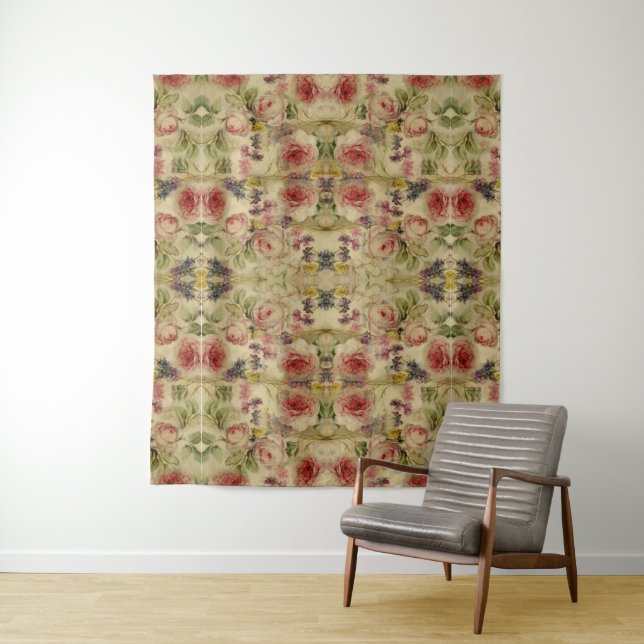 Vintage Victorian Floral Painting Script Ephemera Tapestry (In Situ)