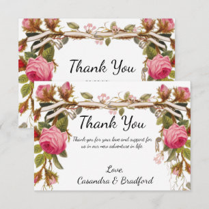 Vintage Victorian Floral Pink Roses Wedding Thank You Card