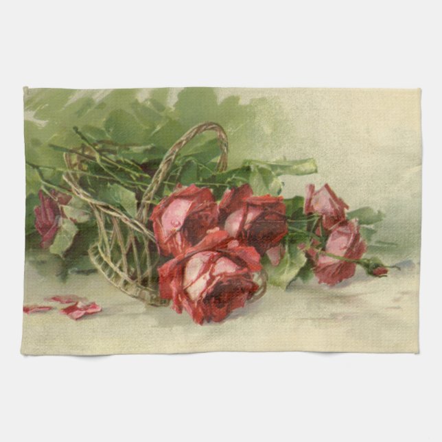 Vintage Victorian Flowers, Red Roses Tea Towel (Horizontal)