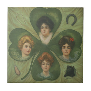 Vintage Victorian Four Leaf Clover Lucky Art Tile