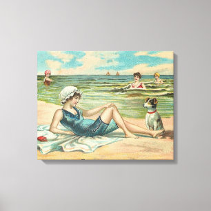 Vintage Victorian Girl and Dog Seaside antique art Canvas Print