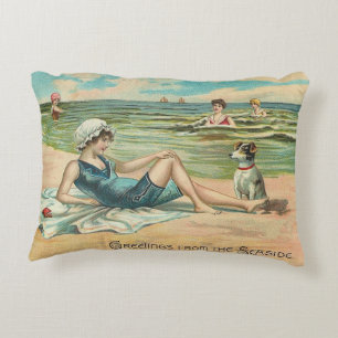 Vintage Victorian Girl and Dog Seaside antique art Decorative Cushion