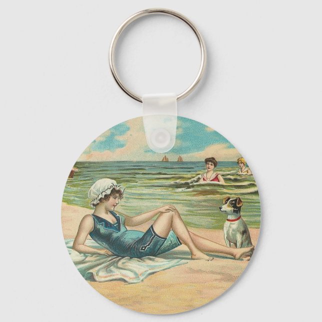 Vintage Victorian Girl and Dog Seaside antique art Key Ring (Front)