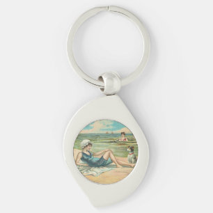 Vintage Victorian Girl and Dog Seaside antique art Key Ring