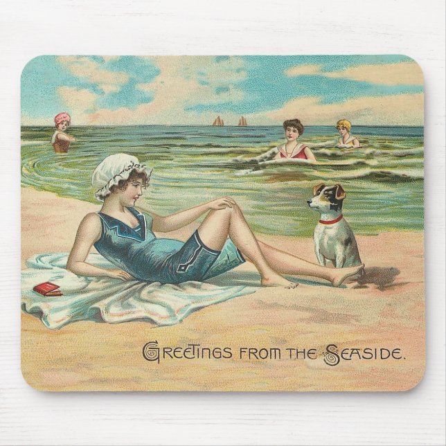 Vintage Victorian Girl and Dog Seaside antique art Mouse Pad (Front)
