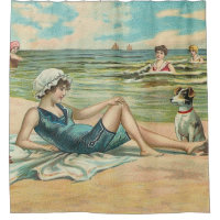 Vintage Victorian Girl and Dog Seaside antique art