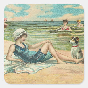 Vintage Victorian Girl and Dog Seaside antique art Square Sticker