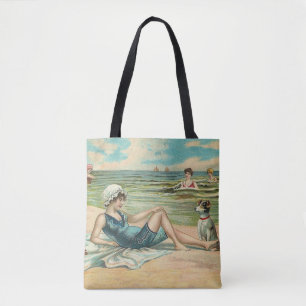 Vintage Victorian Girl and Dog Seaside antique art Tote Bag