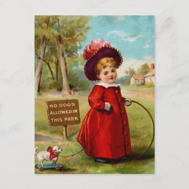 VINTAGE VICTORIAN GIRL DOG WALKER POSTCARD (Front)