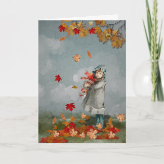 Vintage Victorian Girl Holding Fall Leaves Card