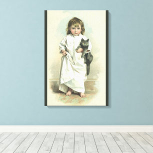 Vintage Victorian Girl in a Nightgown with Her Cat Canvas Print
