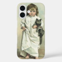Vintage Victorian Girl in a Nightgown with Her Cat