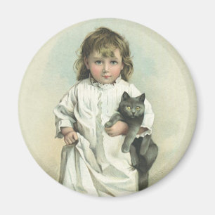 Vintage Victorian Girl in a Nightgown with Her Cat Magnet