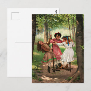 Vintage Victorian Girls on Forest Swing Art Postcard