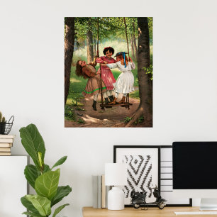 Vintage Victorian Girls on Forest Swing Art Poster