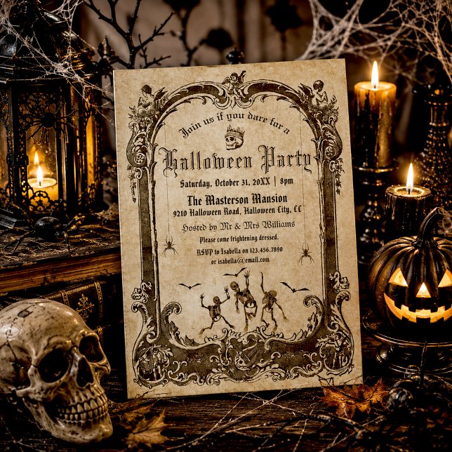 Vintage Victorian Gothic Skulls Halloween Party Invitation (Creator Uploaded)