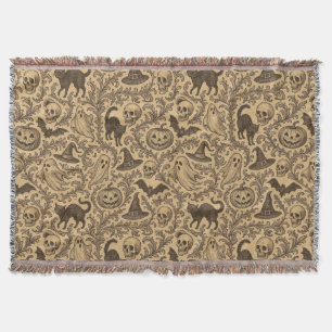 Vintage Victorian Halloween pattern with ghosts Throw Blanket