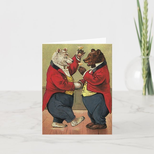 Vintage Victorian Happy, Gay, Dancing Bears Card (Front)