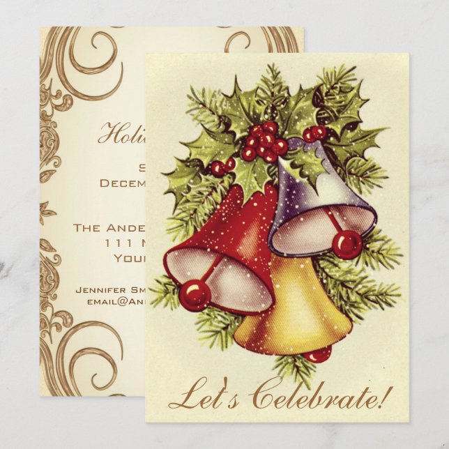 Vintage Victorian Holiday Bells Christmas Party Invitation (Front/Back)