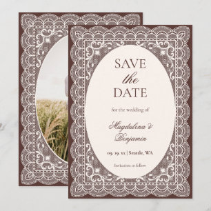 Vintage Victorian Ivory Lace Elegant Brown Wedding Save The Date