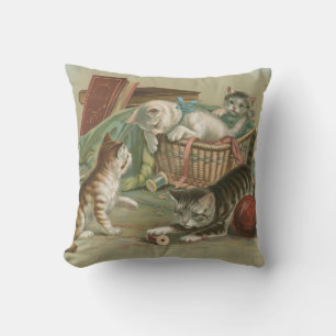 Vintage Victorian Kittens Playing in Sewing Basket Cushion