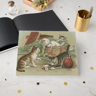 Vintage Victorian Kittens Playing in Sewing Basket Guest Book
