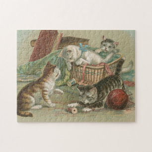 Vintage Victorian Kittens Playing in Sewing Basket Jigsaw Puzzle