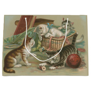 Vintage Victorian Kittens Playing in Sewing Basket Large Gift Bag