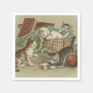 Vintage Victorian Kittens Playing in Sewing Basket Napkin