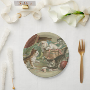 Vintage Victorian Kittens Playing in Sewing Basket Paper Plate