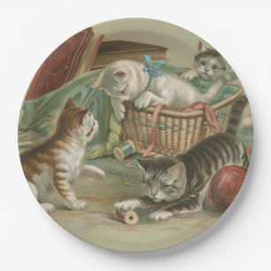 Vintage Victorian Kittens Playing in Sewing Basket Paper Plate