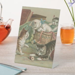 Vintage Victorian Kittens Playing in Sewing Basket Pedestal Sign