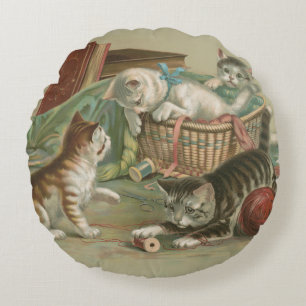 Vintage Victorian Kittens Playing in Sewing Basket Round Cushion