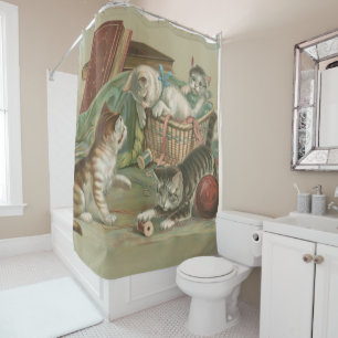 Vintage Victorian Kittens Playing in Sewing Basket Shower Curtain