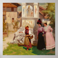 Vintage Victorian Ladies Courtyard Oil Painting