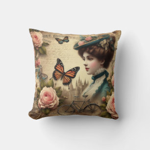 Vintage Victorian Lady and Bicycle Collage  Cushion