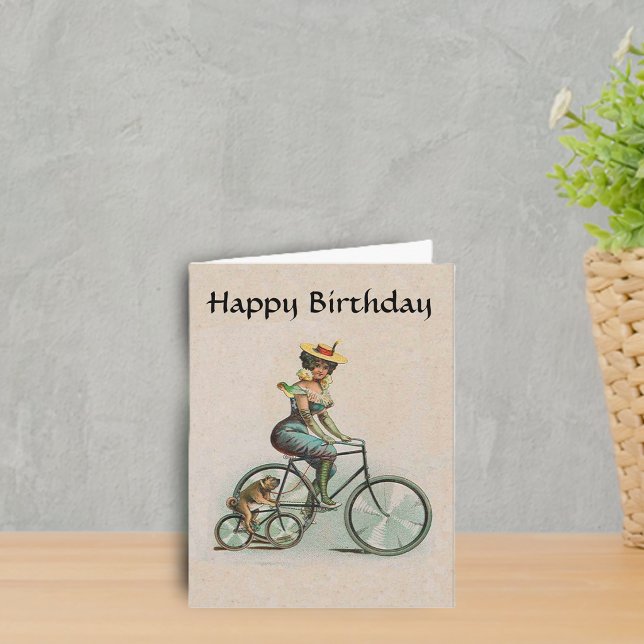 Vintage Victorian Lady Dog Bicycle Birthday Card (Victorian lady fancy aqua outfit riding bicycle beside bulldog on bike on tan Birthday greeting card)
